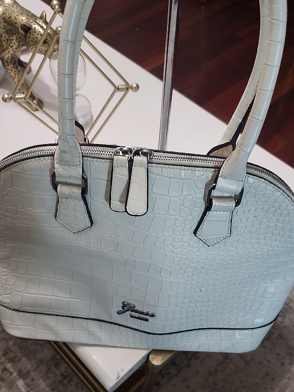 GUESS White Croc-Embossed Dome Satchel - Picture 5 of 16
